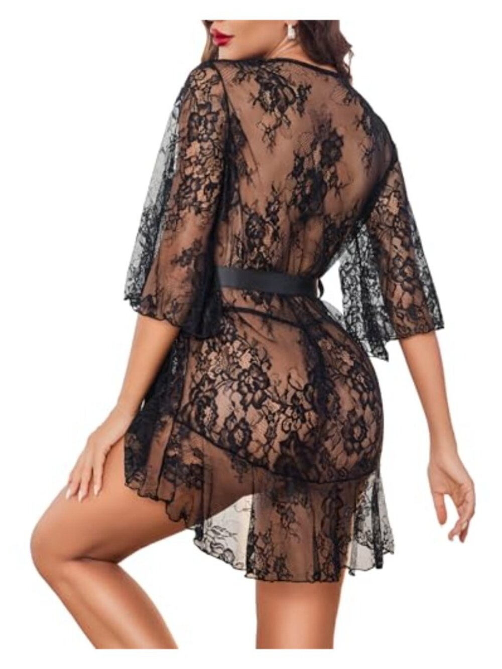 Lace Babydoll Lingerie Dress Ruffled Hem Sheer Nightgown
